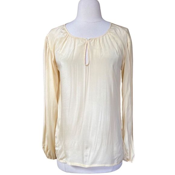 Vintage 100% SILK Light Yellow Boho Keyhole Front Peasant Balloon Sleeve Blouse - Picture 1 of 10